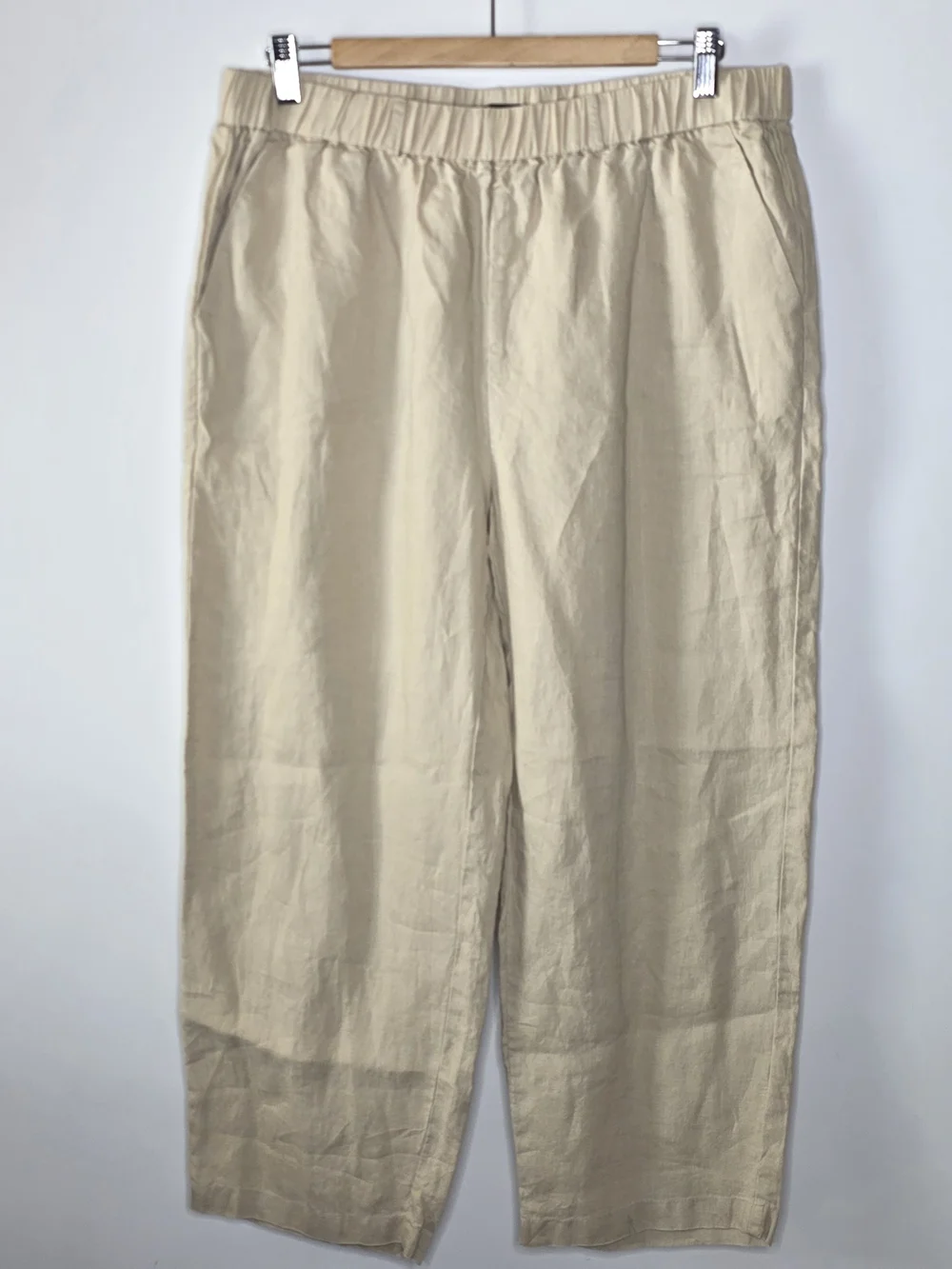 Quince Light Tan 100% Linen Wide Leg casual Pants Large Elastic waist
